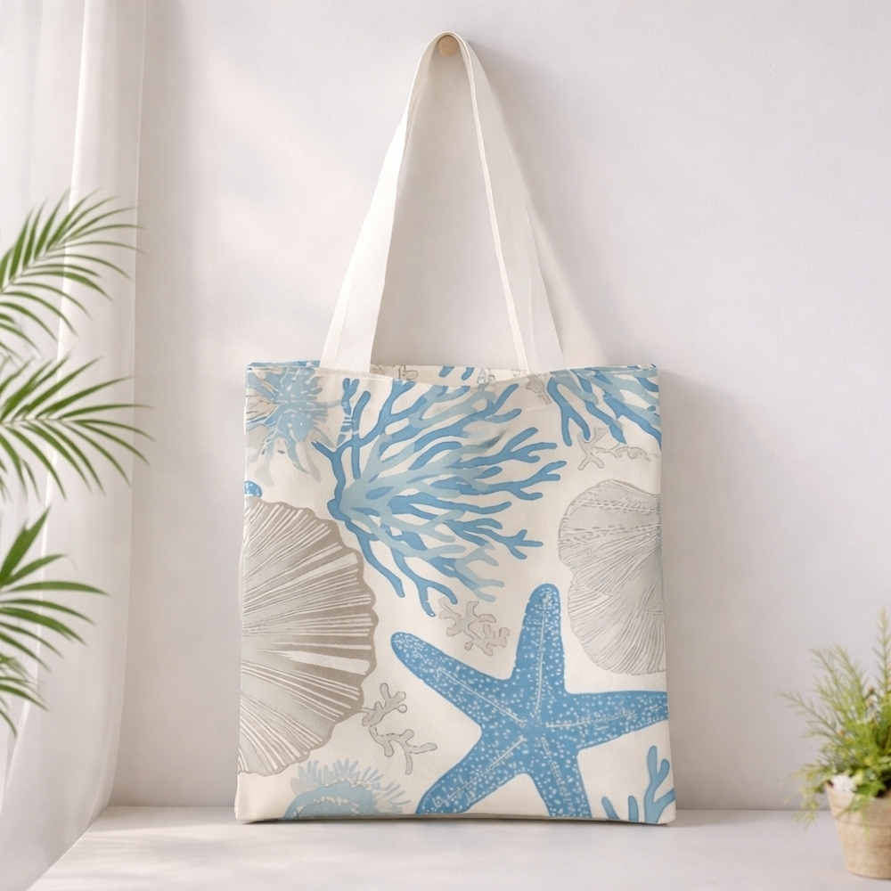 Blue and Ivory Starfish and Coral Large Tote Bag